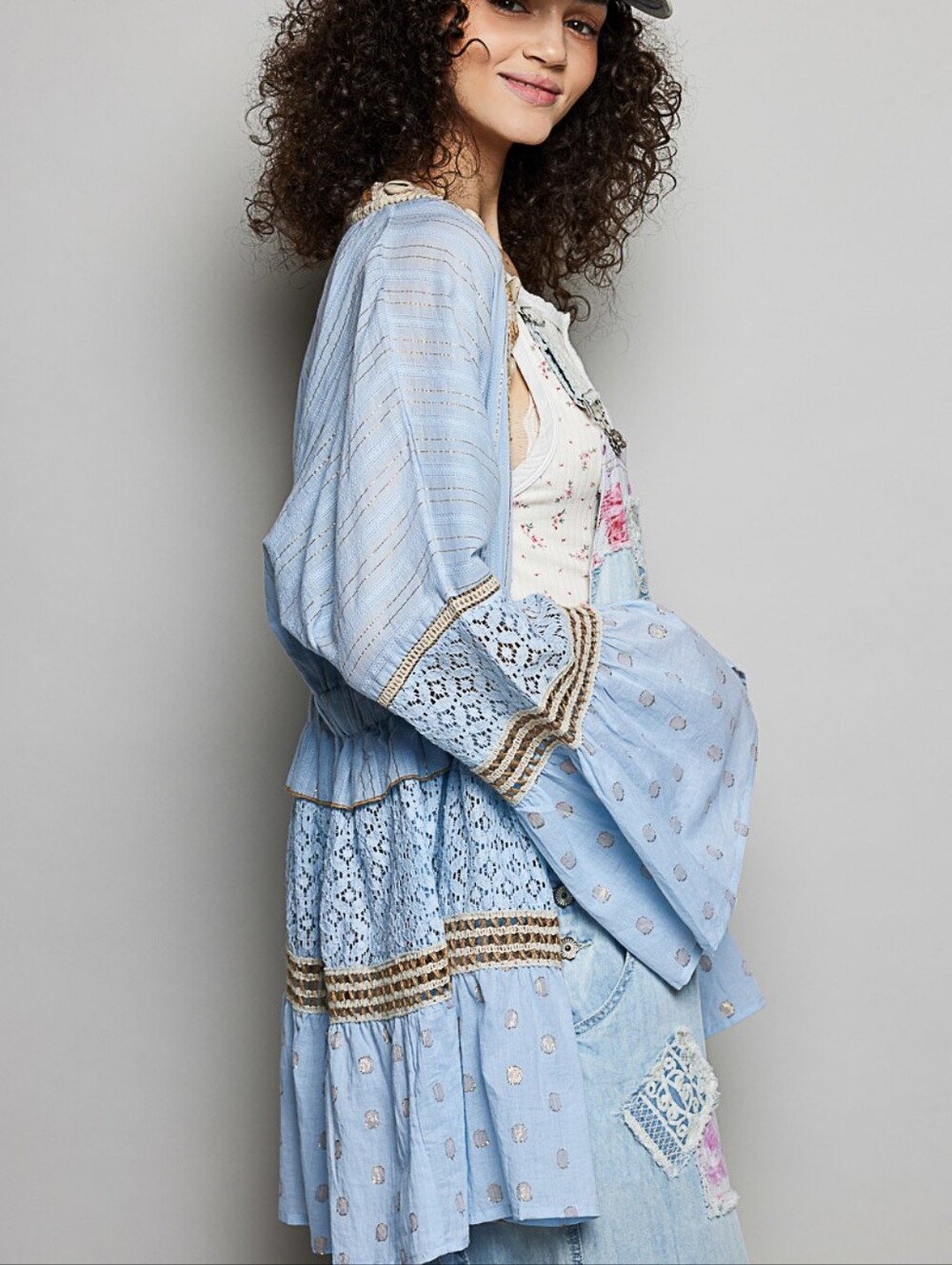 POL Powder Blue Gold Metallic Lace Seashell Boho Kimono Cardigan Style SMQG2 - Picture 6 of 9